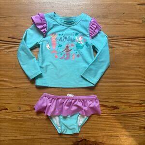 Cat & Jack teal mermaid rash guard two piece ruffle swimsuit SIZE 2T